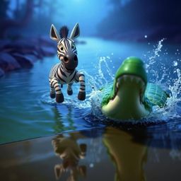 A 3D cartoon zebra, rendered with intense dramatic lighting and a tight close-up shot, faces a terrifying moment. Cool colors