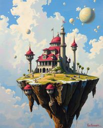 Explore a surreal floating island with bizarre architecture, captured in a tight close-up shot rendered in a bold acrylic pai