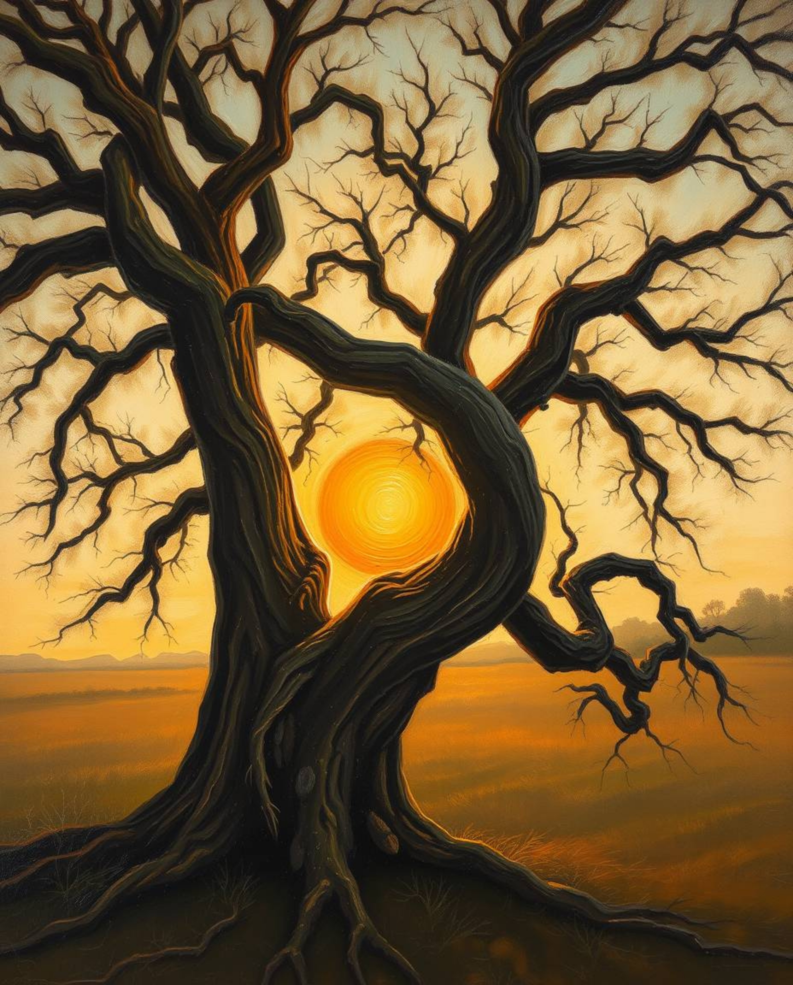A classic oil painting depicting a sunset behind an old oak tree with twisted branches, showcasing rich textures and visible 
