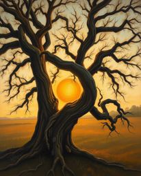 A classic oil painting depicting a sunset behind an old oak tree with twisted branches, showcasing rich textures and visible 