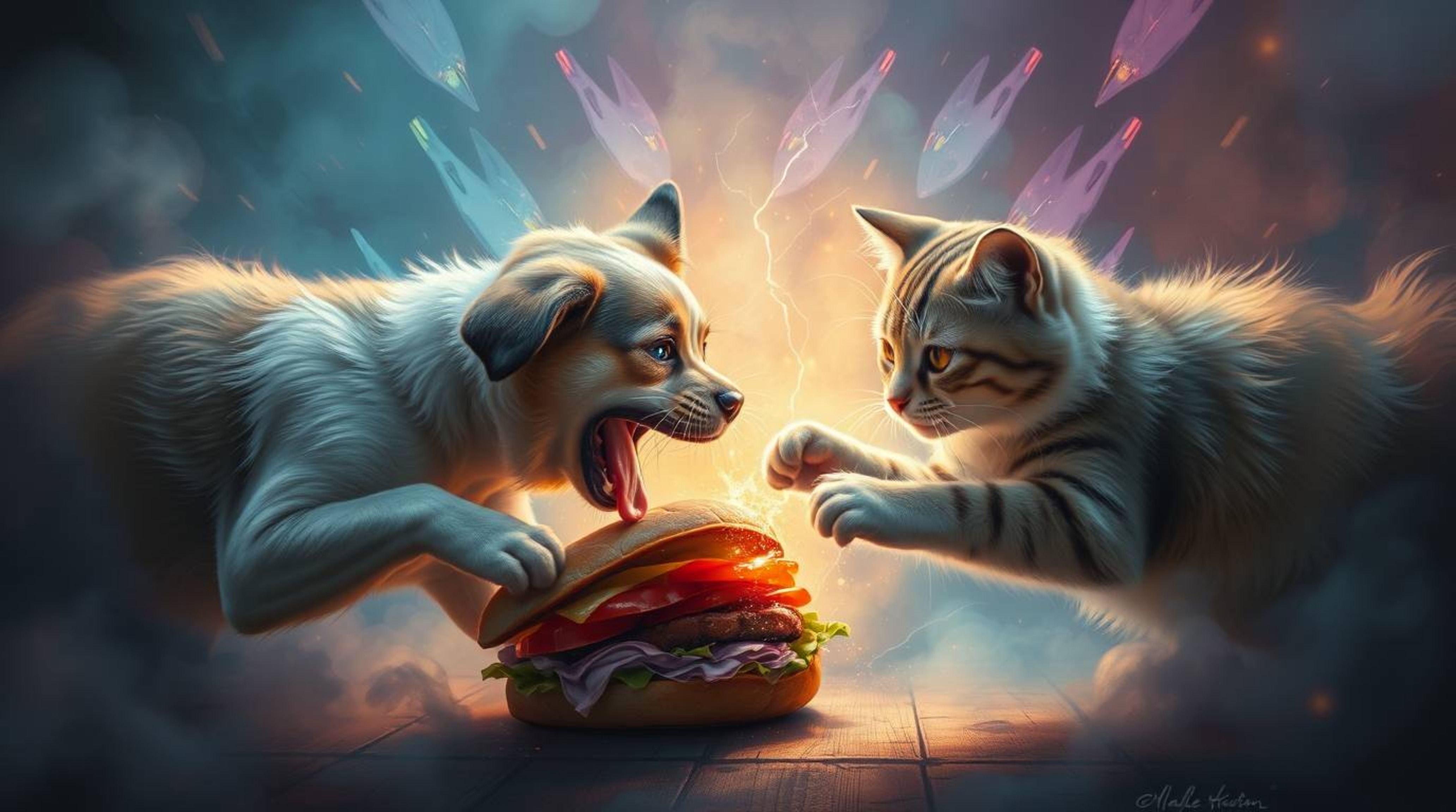 Witness a captivating scene: an ethereal painting depicting a dog and cat locked in a playful, yet intense, battle over a col