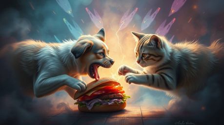 Witness a captivating scene: an ethereal painting depicting a dog and cat locked in a playful, yet intense, battle over a col