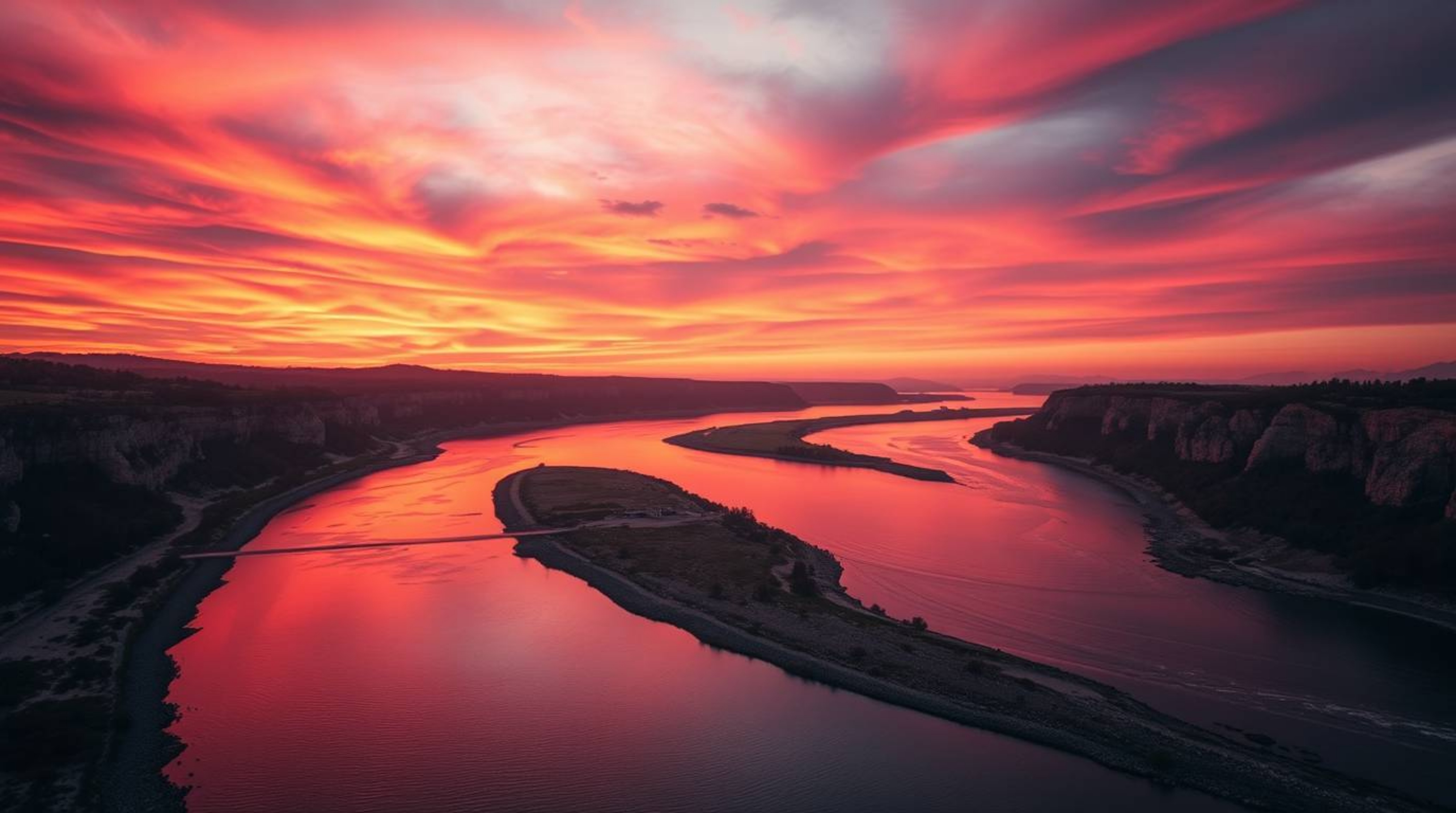 Capture the breathtaking beauty of a winding river bathed in the warm glow of a dramatic orange-pink sky. This professional p
