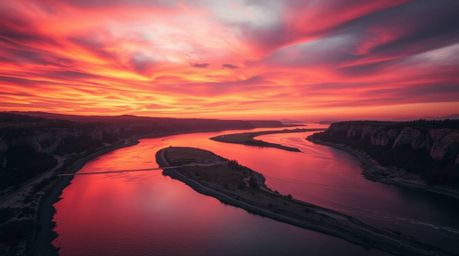 Capture the breathtaking beauty of a winding river bathed in the warm glow of a dramatic orange-pink sky. This professional p