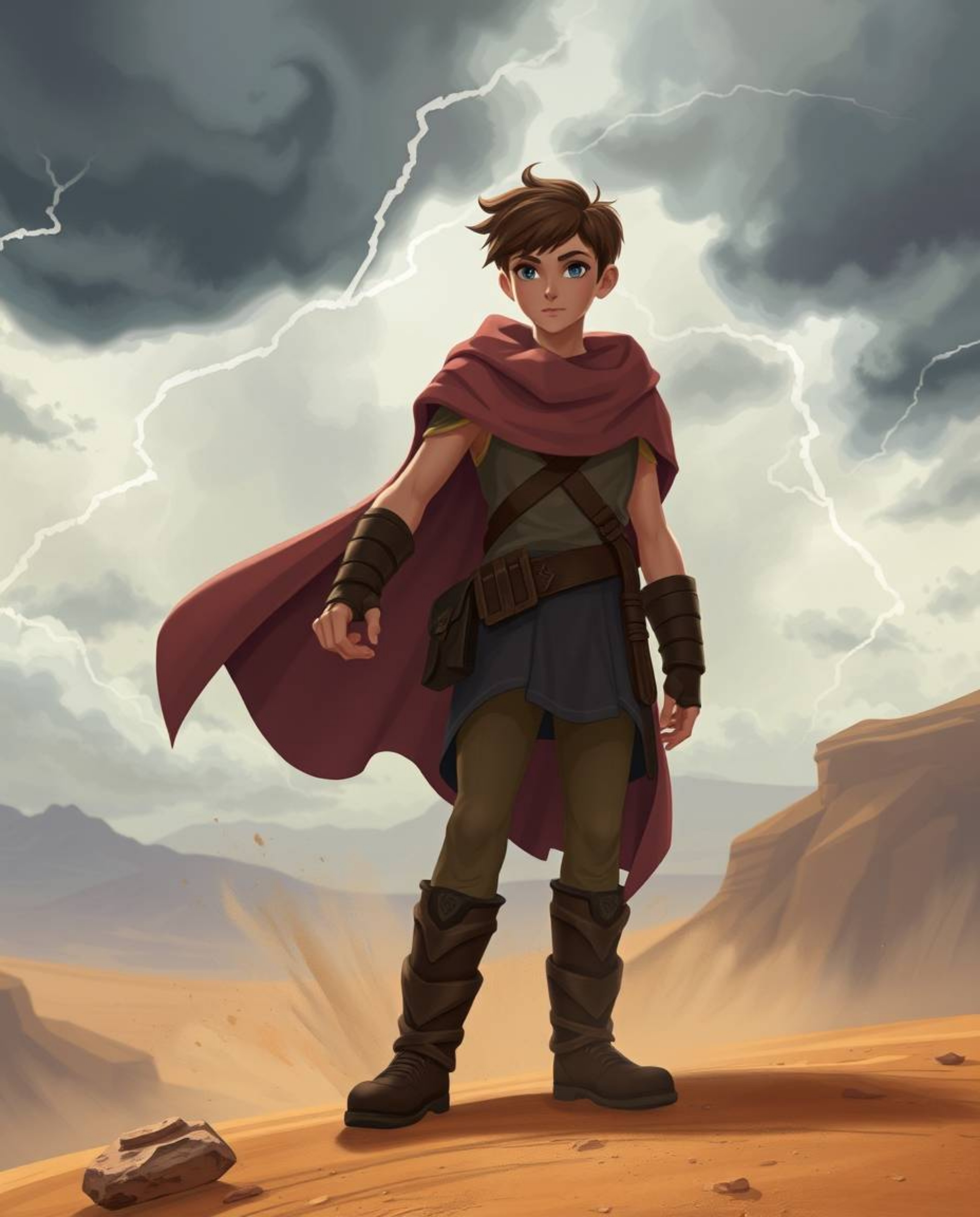 Embark on a Disney-style desert adventure with a brave hero facing intense dramatic weather. Stormy skies and high tension cr