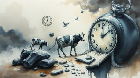 Explore a strong and moody surreal dreamscape rendered in a macro close-up watercolor painting. Featuring melting clocks and 