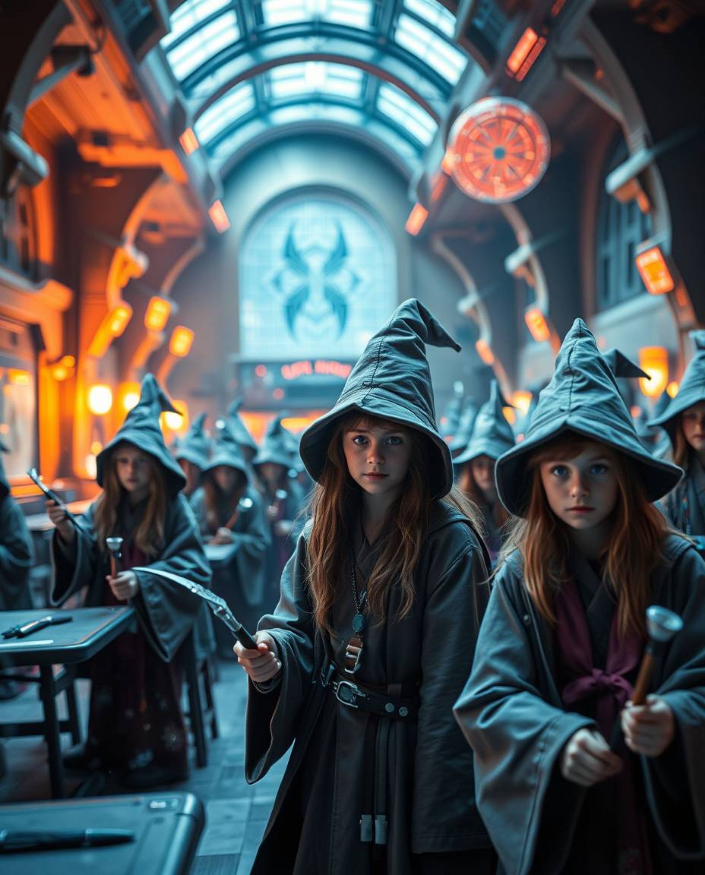 Explore a magical school reimagined in a futuristic sci-fi setting, filled with young wizards mastering advanced technology a