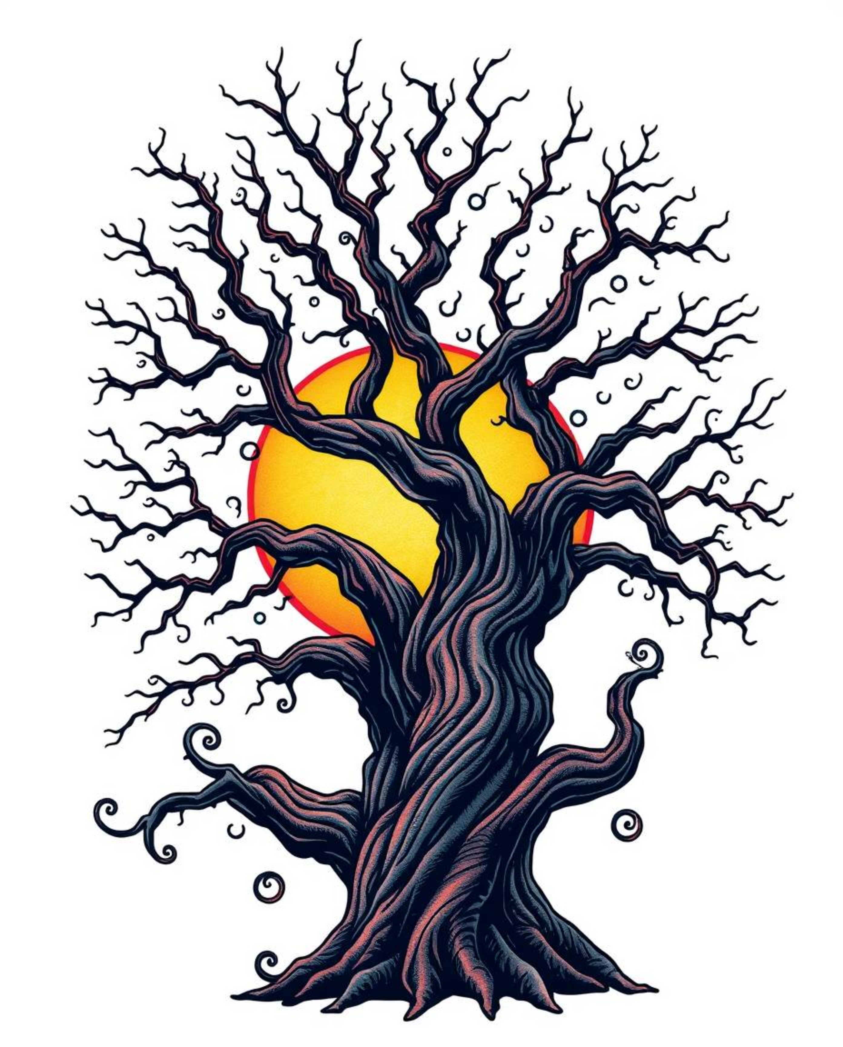 A vibrant, retro-style traditional tattoo art print showcases an extreme macro close-up of a sunset behind an old oak tree wi