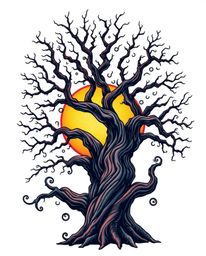 A vibrant, retro-style traditional tattoo art print showcases an extreme macro close-up of a sunset behind an old oak tree wi
