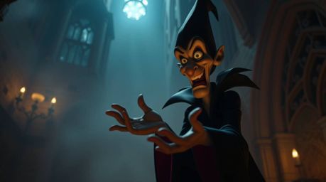 A captivating scene of a classic Disney villain, characterized by exaggerated features, casting a powerful spell within the a