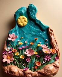 This sculptural clay artwork beautifully captures a spring wildflower meadow at sunset. The piece is distinguished by its ric