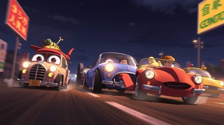 Experience a unique blend of genres with this Isekai anime-style depiction of a wacky racing scene. Outlandish cars and refin