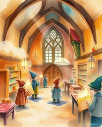 Immerse yourself in a delicate watercolor painting depicting a magical school teeming with young wizards. The artwork is bath