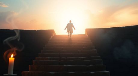 A lone figure ascends a weathered stone staircase towards a divine beam of light, bathed in the soft hues of a pastel sunset 