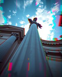 A captivating high-angle perspective shot of a classical sculpture imbued with a vibrant glitch effect, exploring themes of d