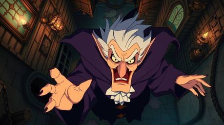 An overhead, bird's-eye view in Isekai anime style depicts a classic Disney villain with exaggerated features casting a power