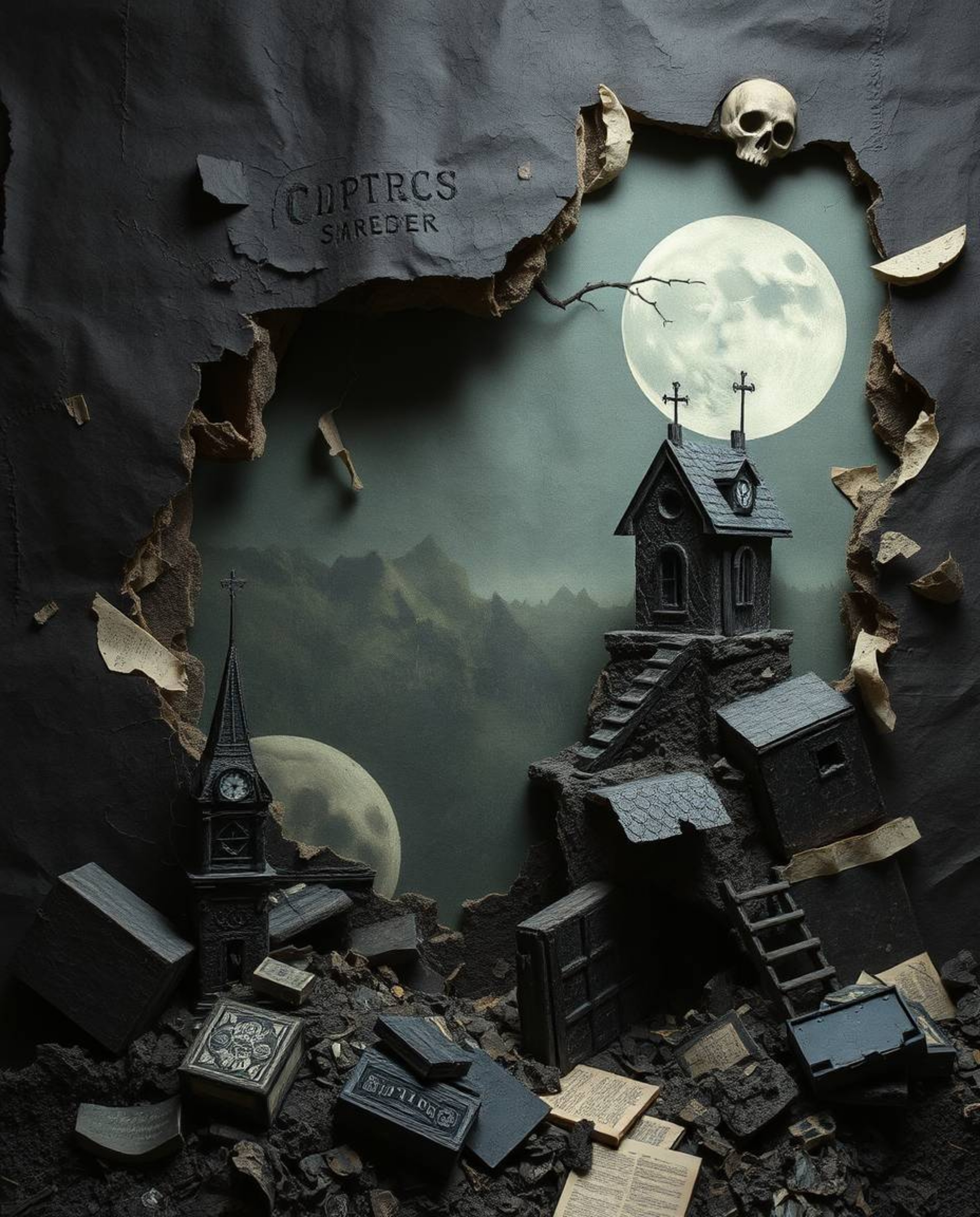 A dark and unsettling digital glitch landscape breaking apart, rendered in a unique papier-mâché style with disturbing detail