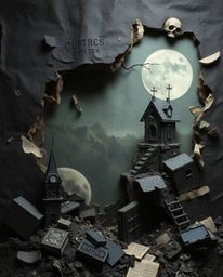 A dark and unsettling digital glitch landscape breaking apart, rendered in a unique papier-mâché style with disturbing detail