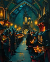 Immerse yourself in a magical academy brimming with young wizards, captured in a timeless oil painting style. Deep teal hues 