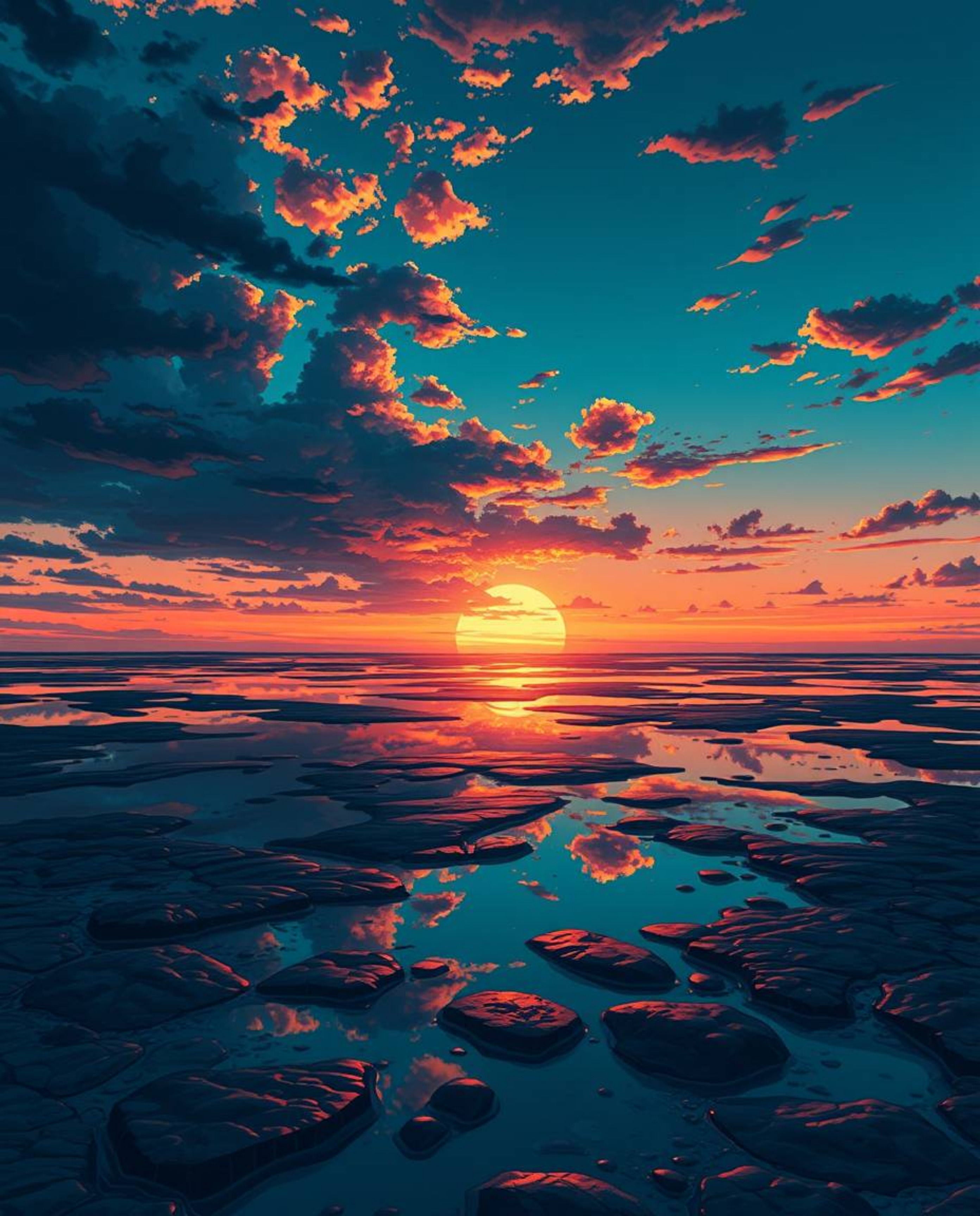 An Isekai anime depiction captures a sunset sky mirrored in the tidal pools of a beach, rendered in rich, deep teal hues. Thi