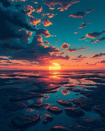 An Isekai anime depiction captures a sunset sky mirrored in the tidal pools of a beach, rendered in rich, deep teal hues. Thi