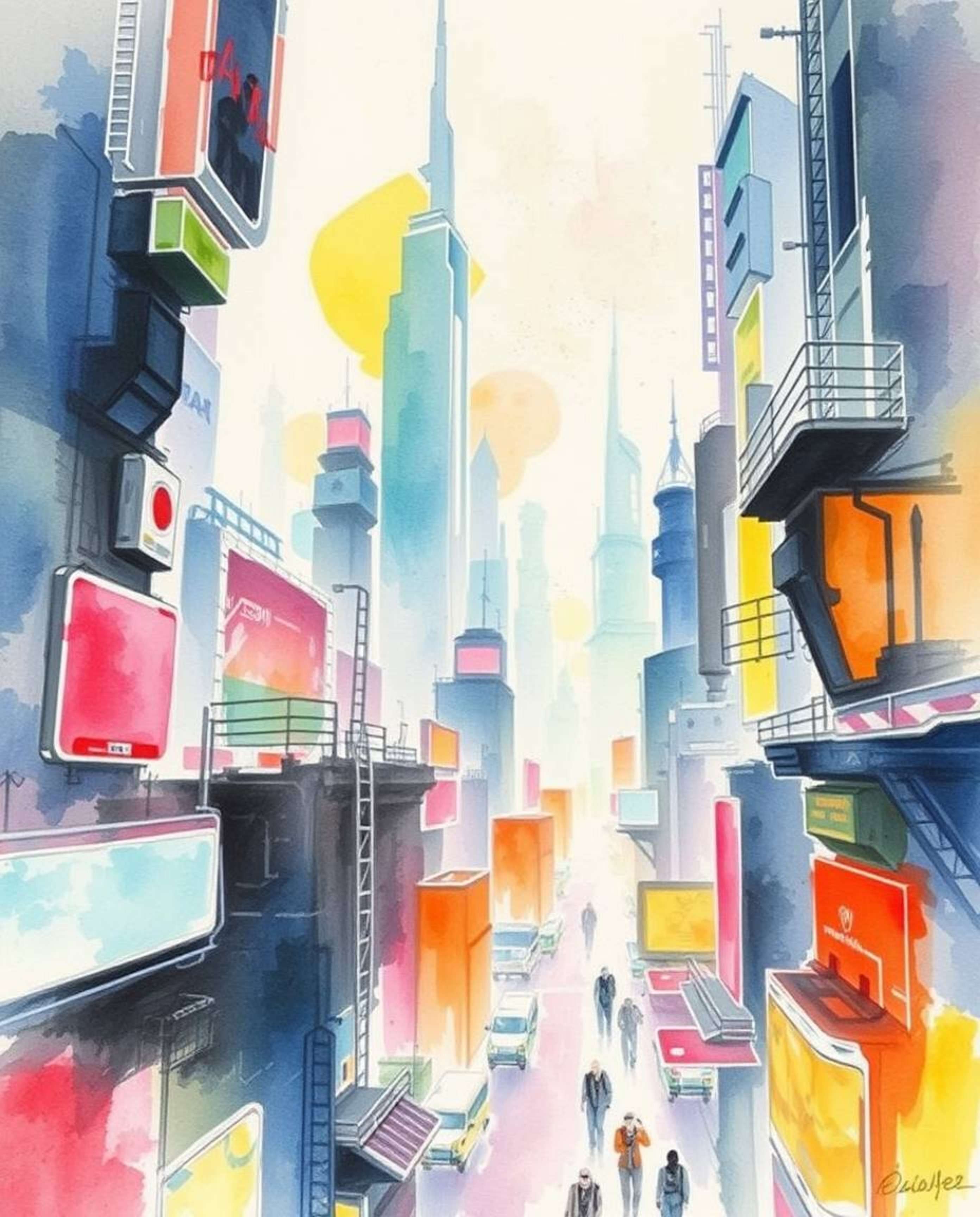 Explore a delicate watercolor painting depicting a futuristic cityscape immersed in a cyberpunk environment. This artwork fea