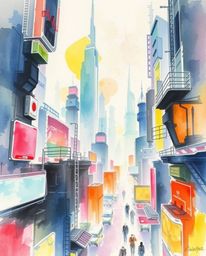 Explore a delicate watercolor painting depicting a futuristic cityscape immersed in a cyberpunk environment. This artwork fea