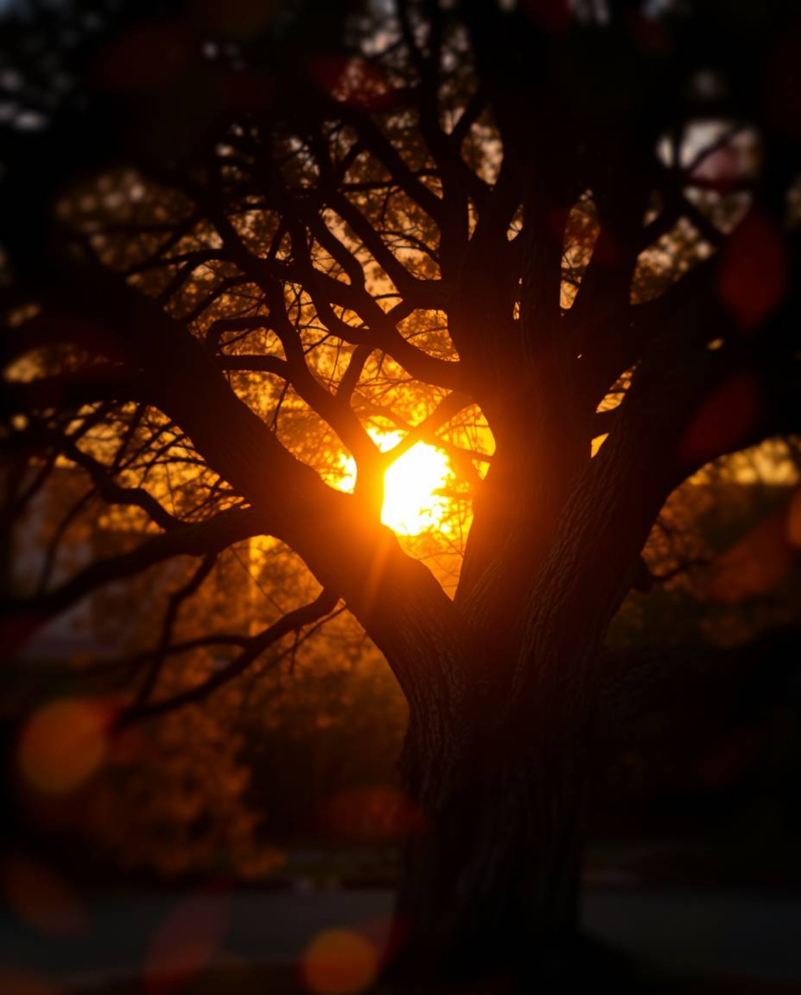 A creative light art photograph of a sunset behind an old oak tree with twisted branches, featuring a blurred bokeh effect, a