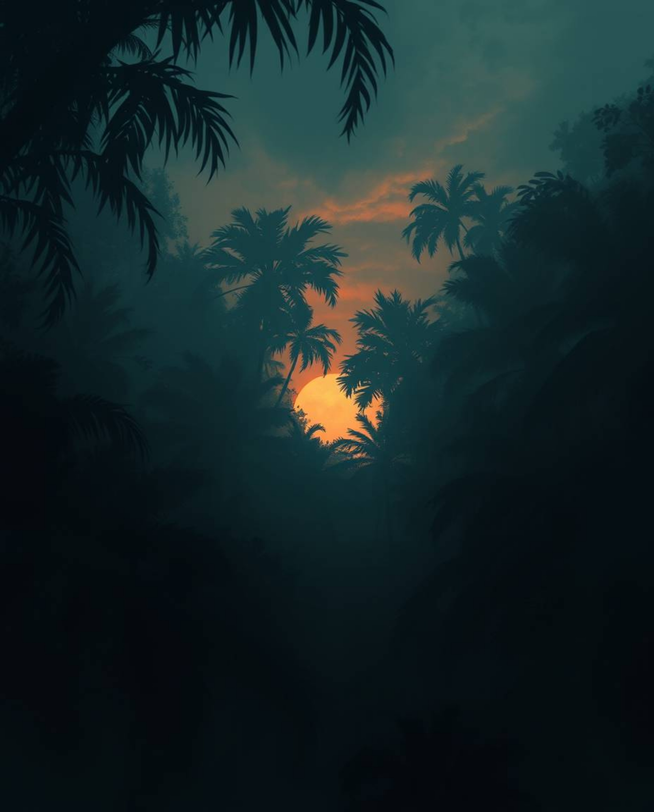 A digital painting depicting a sunset through a dense jungle canopy, designed to evoke a creepy atmosphere. The artwork utili