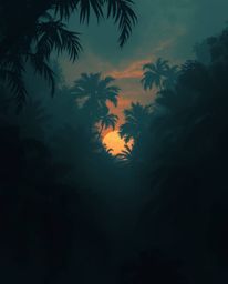A digital painting depicting a sunset through a dense jungle canopy, designed to evoke a creepy atmosphere. The artwork utili