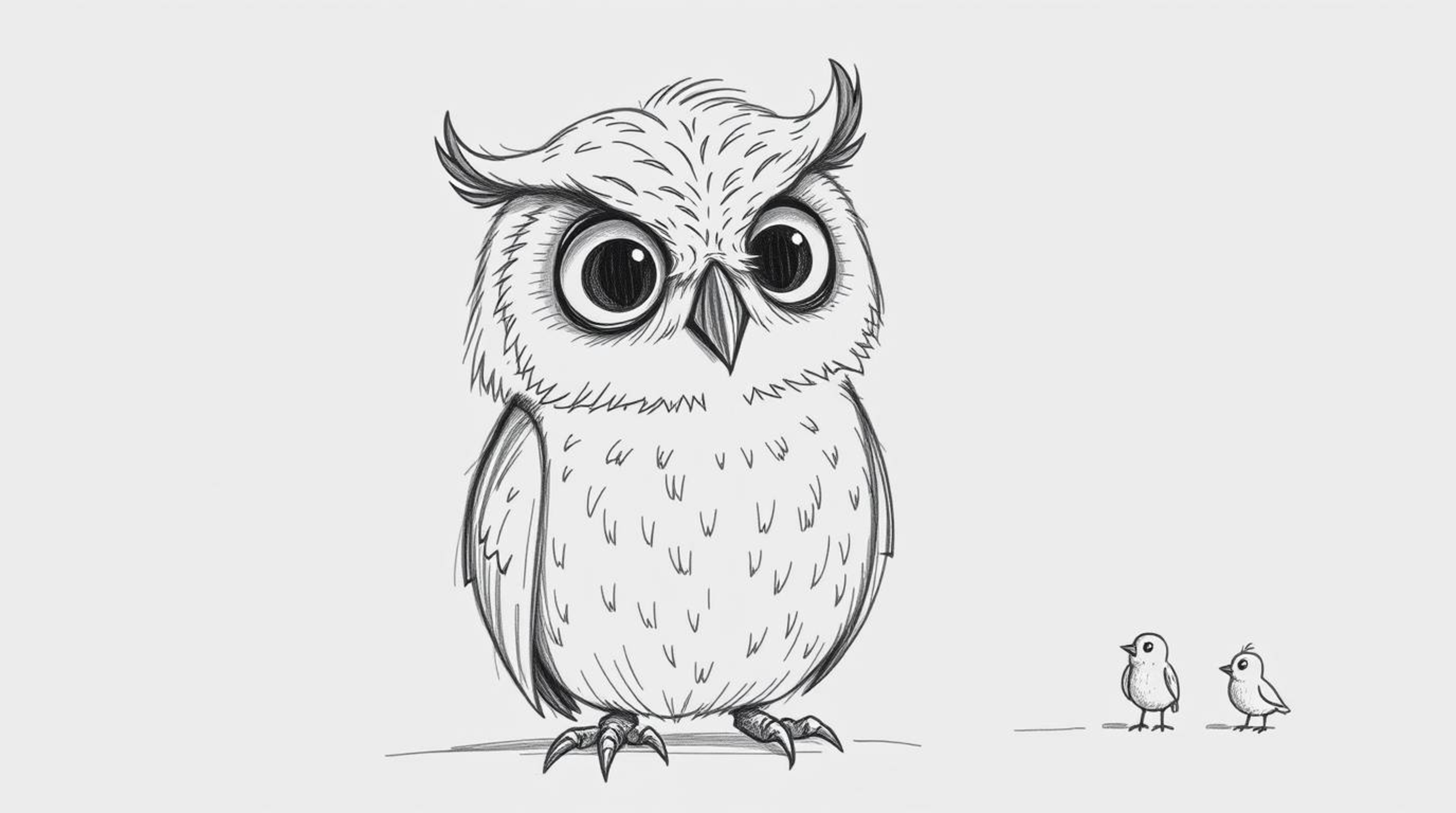 A heartwarming hand-drawn sketch in Pixar style depicts a kind, blind owl with slightly ruffled feathers patiently teaching s