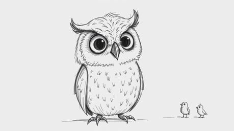 A heartwarming hand-drawn sketch in Pixar style depicts a kind, blind owl with slightly ruffled feathers patiently teaching s