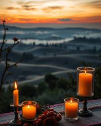 A high-resolution stock photo of a Tuscan sunset over misty rolling hills, showcasing warm candlelight with flickering flames