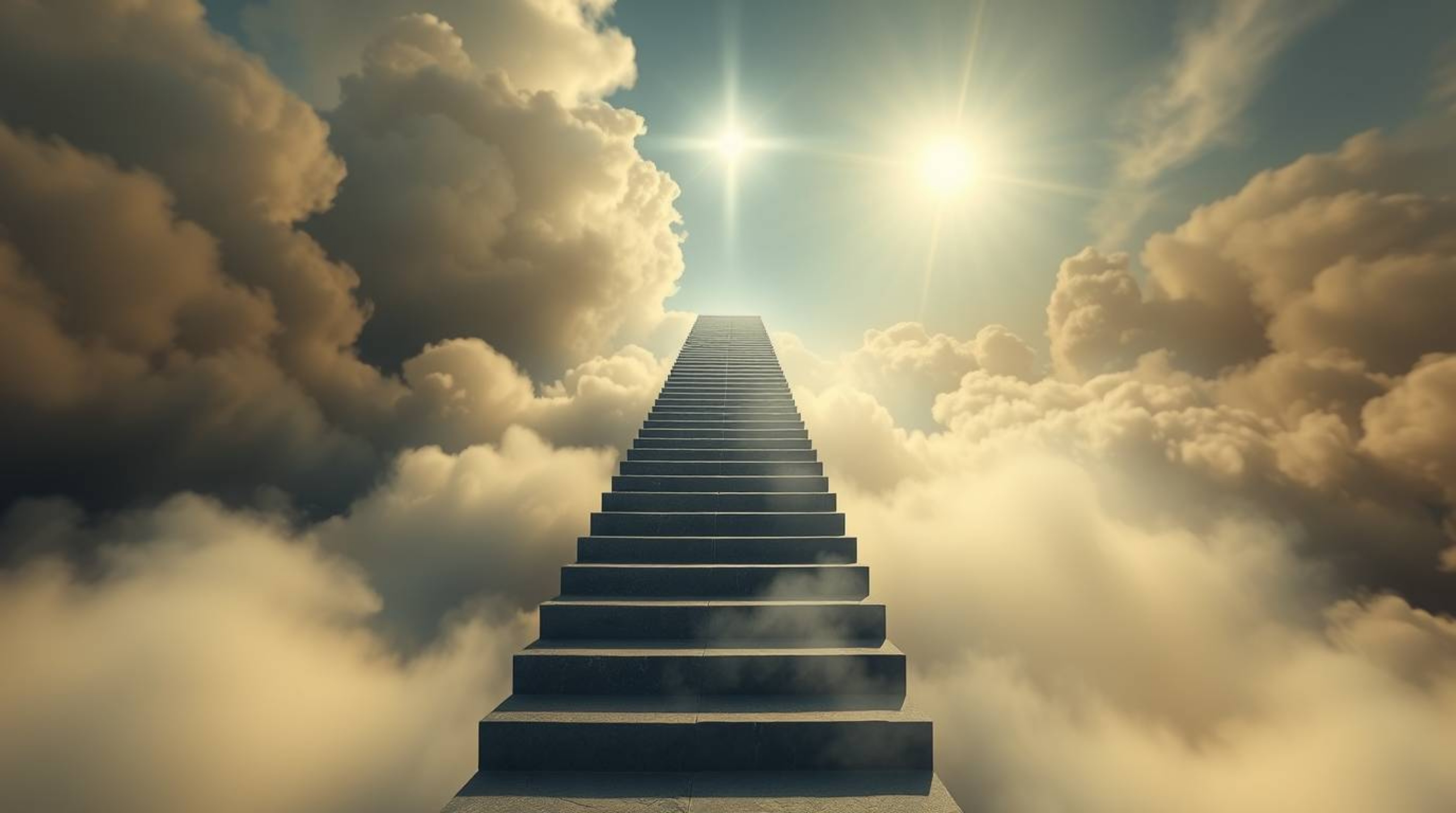 A high-angle perspective captures a surreal stairway rising through smoky clouds towards a celestial light, symbolizing spiri