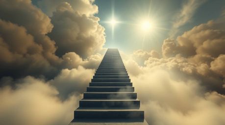 A high-angle perspective captures a surreal stairway rising through smoky clouds towards a celestial light, symbolizing spiri