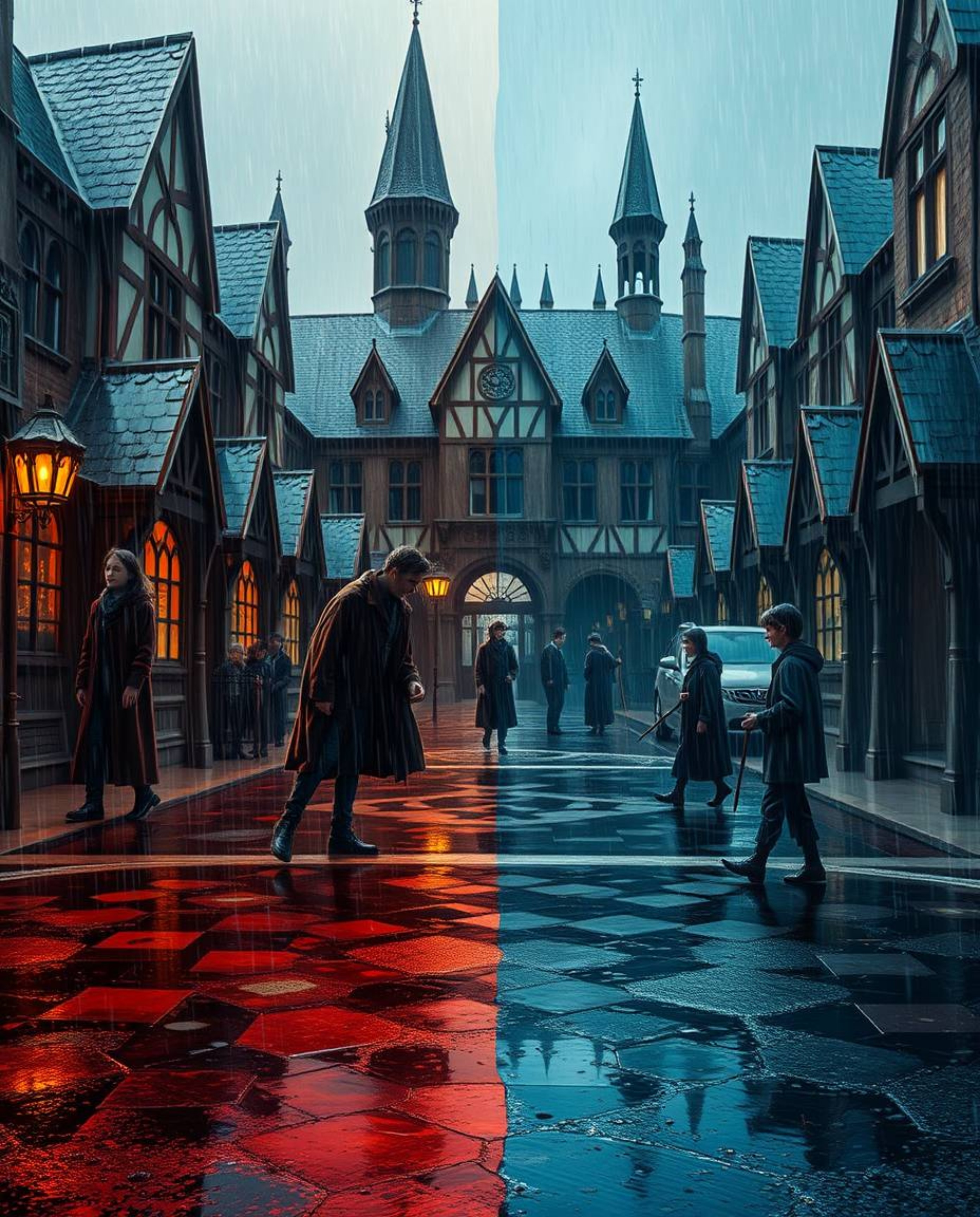 Discover a captivating digital artwork depicting a magical school brimming with young wizards.  The scene is set on a wet, ra