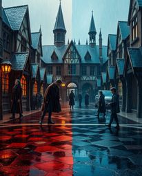 Discover a captivating digital artwork depicting a magical school brimming with young wizards.  The scene is set on a wet, ra