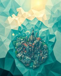 Discover a captivating abstract city map, rendered in geometric shapes with a top-down perspective.  This mystical cityscape 
