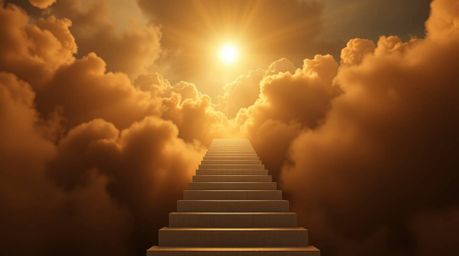 A warm, slightly dark, soft, and professional fine art photograph depicting a surreal stairway winding through smoky clouds t