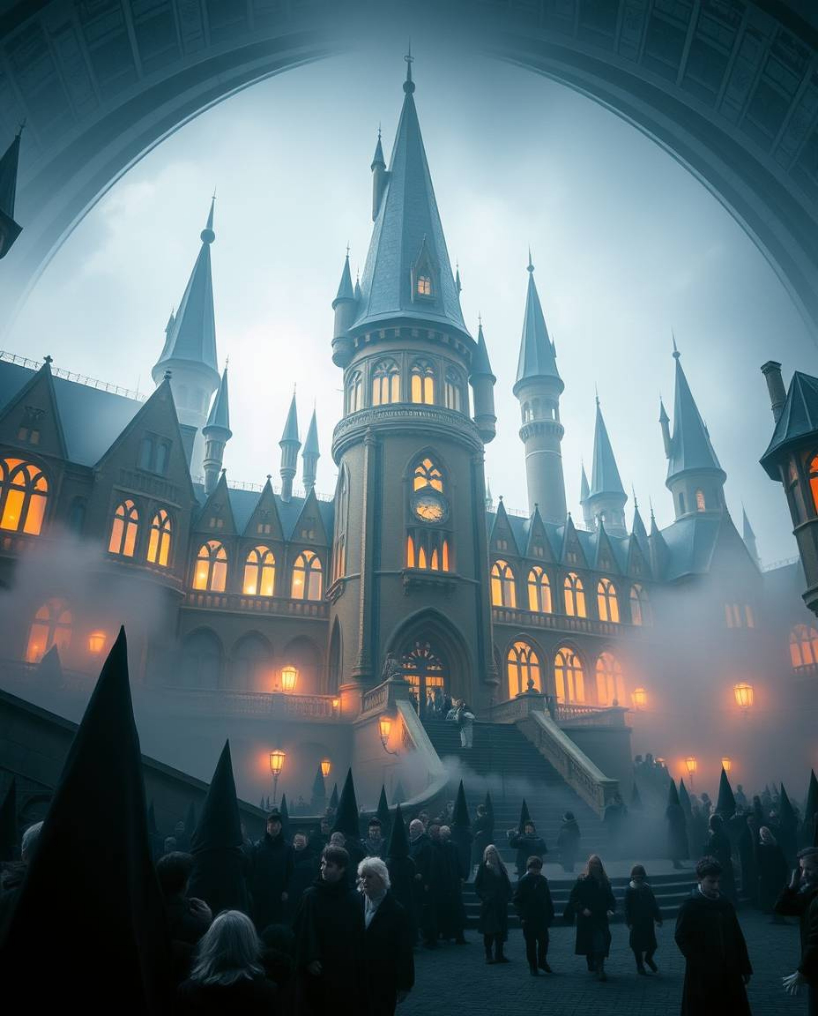 Explore a magical school brimming with young wizards, showcased in an epic scale with a modern, futuristic architectural desi