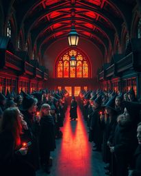 Immerse yourself in a dramatic cinematic scene depicting a magical school brimming with young wizards. The striking high con