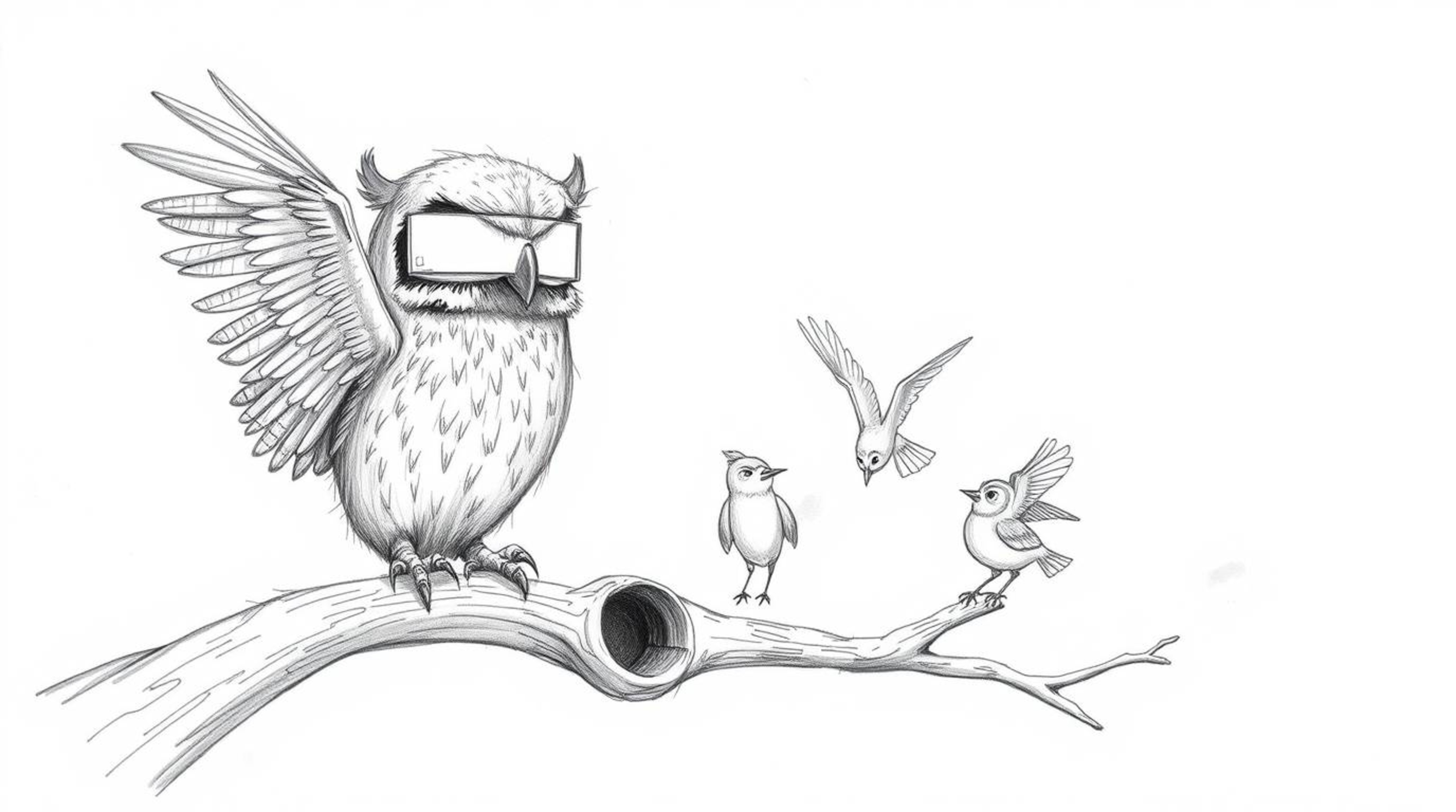 A heartwarming, hand-drawn pencil sketch depicts a blind owl, rendered in a Pixar-esque style, teaching birds how to fly. The