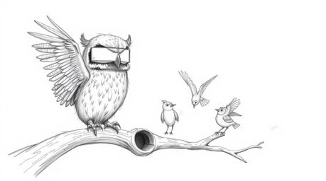 A heartwarming, hand-drawn pencil sketch depicts a blind owl, rendered in a Pixar-esque style, teaching birds how to fly. The