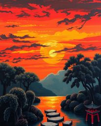 A strong moody style bold acrylic painting of a vibrant sunset over a serene Zen garden with textured brushstrokes and low co