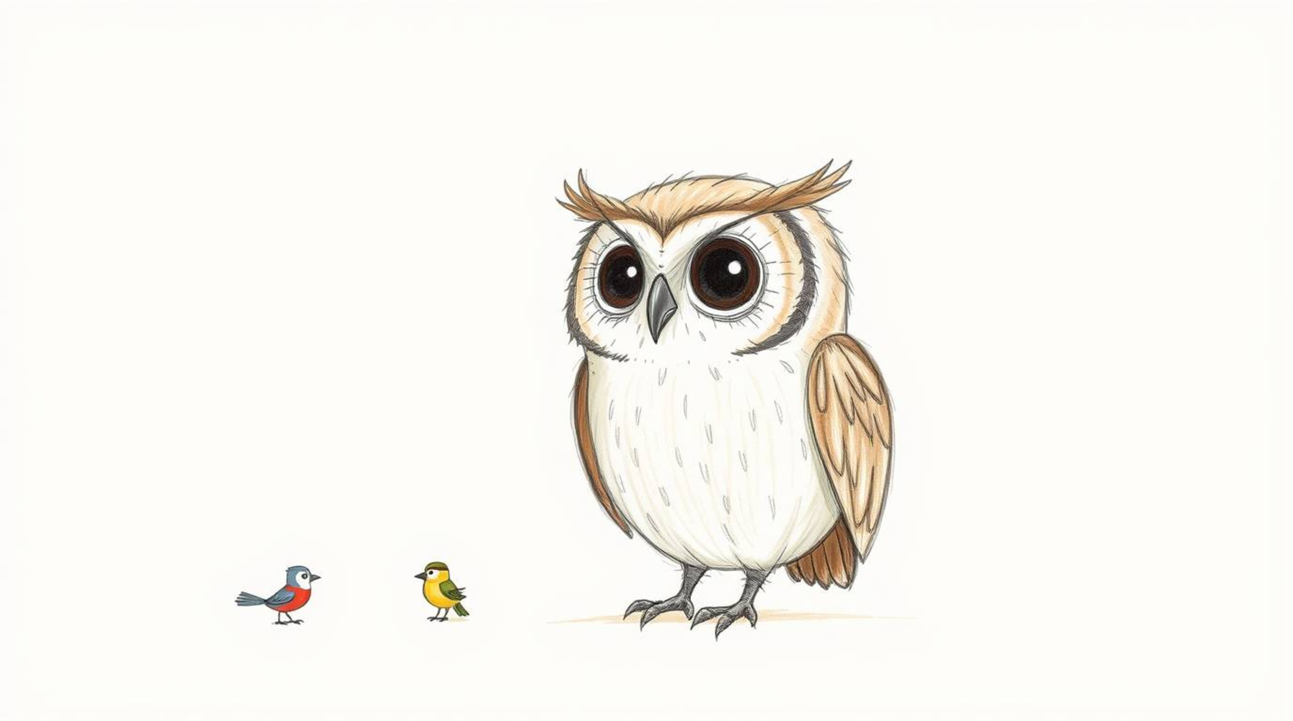 A heartwarming hand-drawn sketch in the style of Pixar depicts a blind owl with large, expressive (though sightless) eyes and