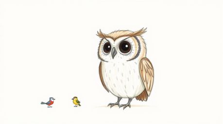 A heartwarming hand-drawn sketch in the style of Pixar depicts a blind owl with large, expressive (though sightless) eyes and