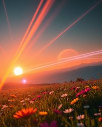 Immerse yourself in a futuristic sci-fi scene depicting a stunning sunset over a spring wildflower meadow. This captivating a