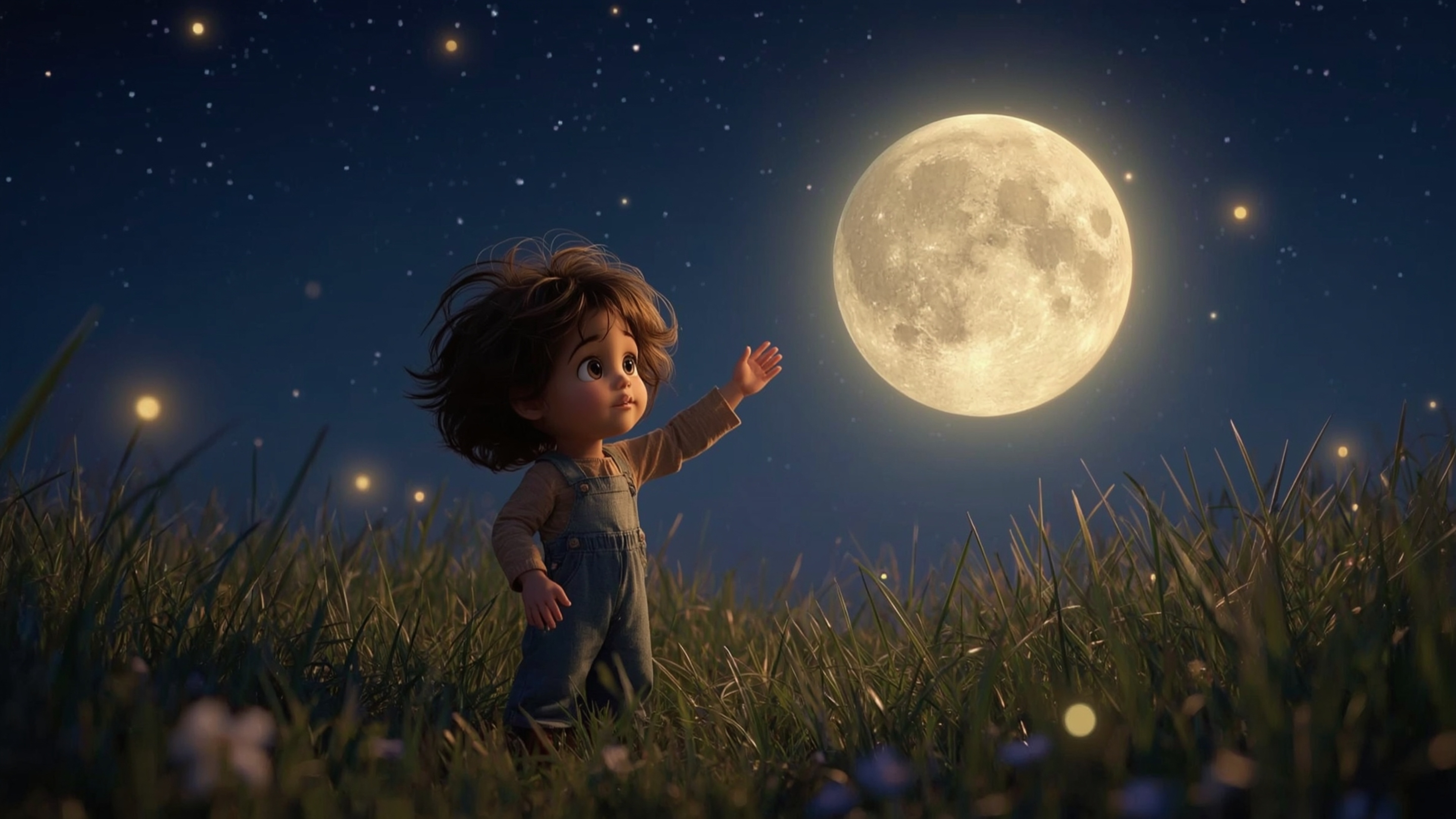 In a dreamy, cinematic photograph reminiscent of a Pixar animation, a curious child stands in a lush meadow under a starry ni