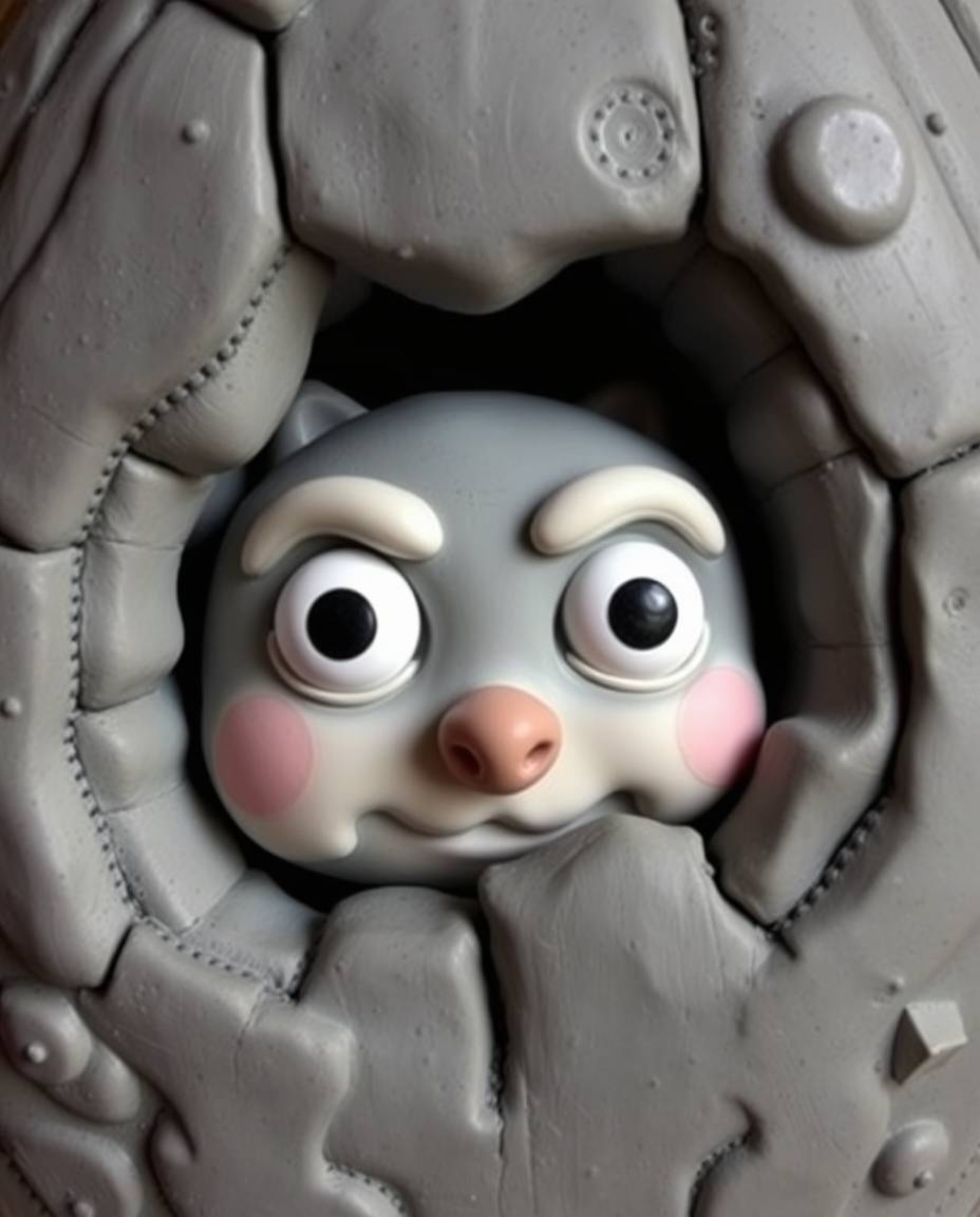 This sculptural clay art depicts adorable and cute eyes watching from the shadows of a night alley. The charming features are