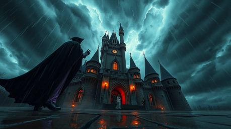 A low-angle shot captures a classic Disney villain casting a spell within an ancient castle, bathed in the dramatic glow of a